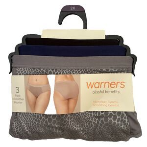 Warners Hipster Panties 2X Blissful Benefits Tummy Smoothing 3 PK Blk Blue Gray